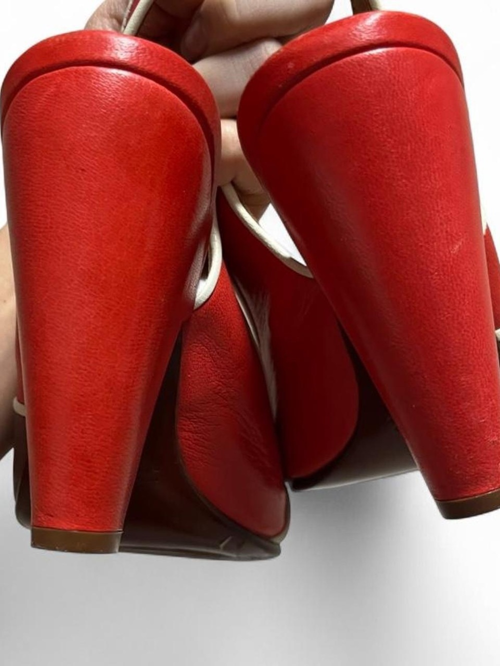 Designer Chie Mihara Retro Leather Red Cream Brown Slingback Peep-Toe Heels - Picture 5 of 6